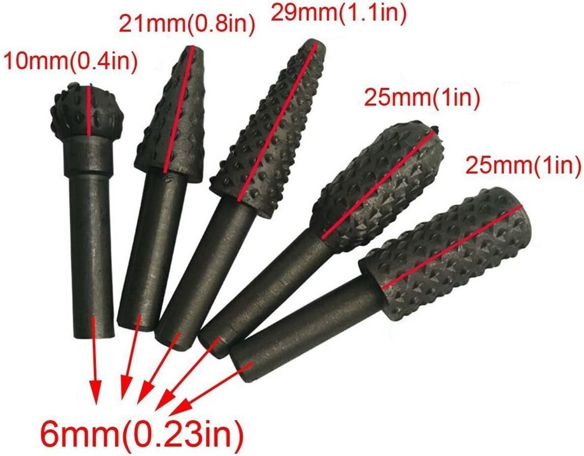 5 ROTARY BURR SET Wood Carving File Rasp Power Drill Bits Large Cone Ball Oval+
