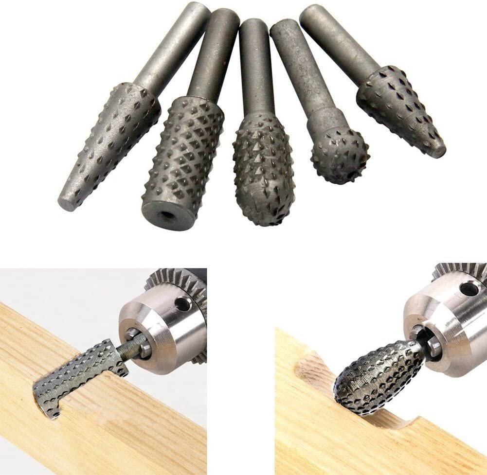 5 ROTARY BURR SET Wood Carving File Rasp Power Drill Bits Large Cone Ball Oval+