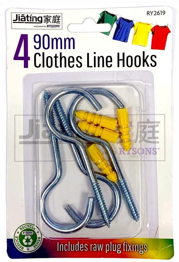 8Pc Clothes / Washing Line 4Hooks & 4 plugs Hooks Approx 90mm Long Free Delivery