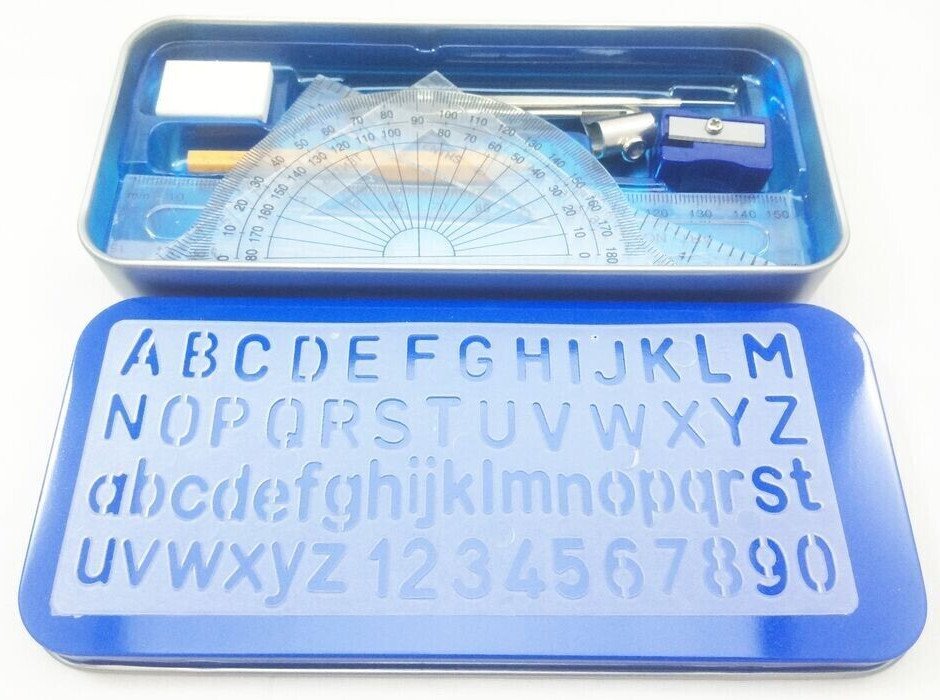 10 Pcs Maths Geometry Compass Set School Ruler Protector Square Tin Case Stencil