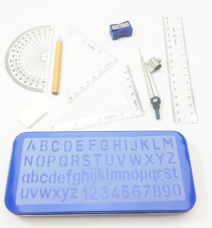 10 Pcs Maths Geometry Compass Set School Ruler Protector Square Tin Case Stencil