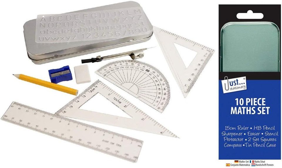 10 Pcs Maths Geometry Compass Set School Ruler Protector Square Tin Case Stencil