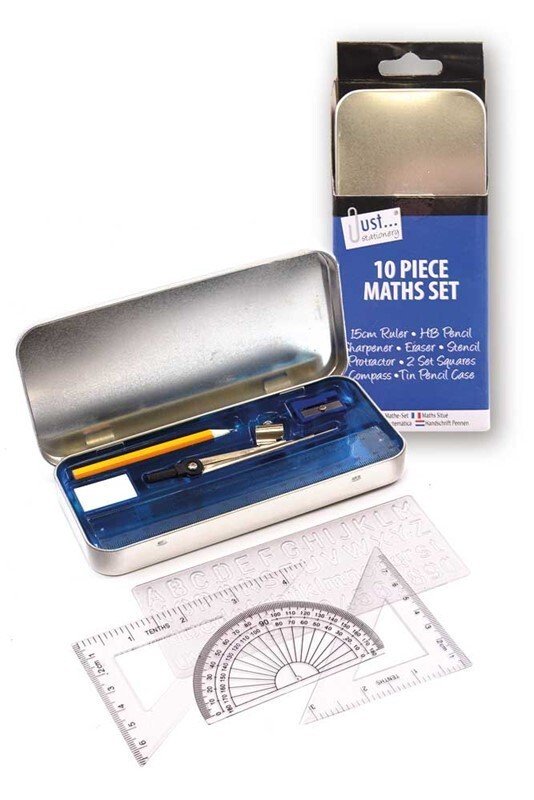 10 Pcs Maths Geometry Compass Set School Ruler Protector Square Tin Case Stencil