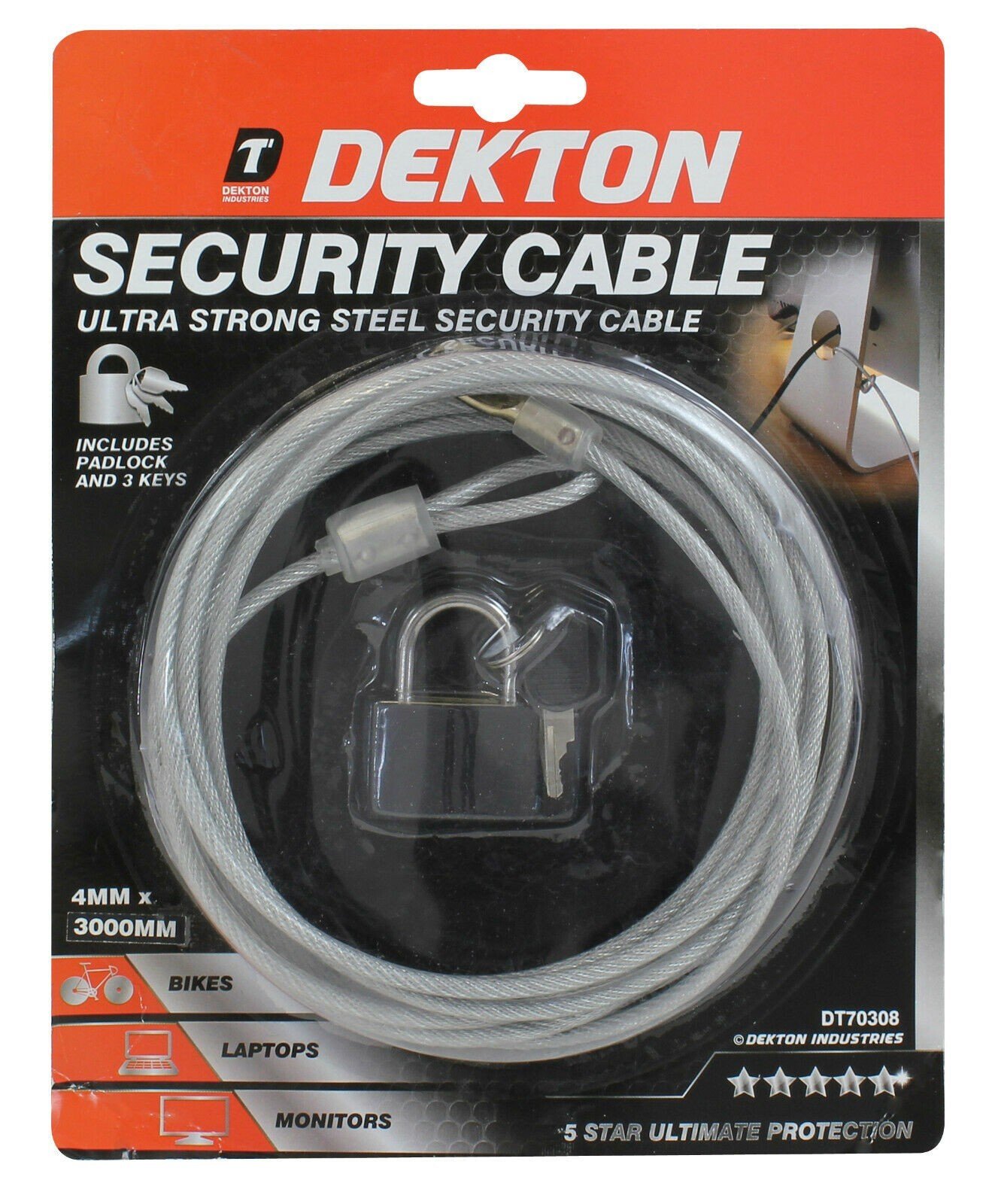 3M Steel Security BIKE CABLE PADLOCK Vinyl Coated Lock Door Secure Wire Tie Down