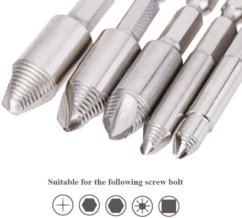 5Pc Screw Extractor Drill Bit Set Damaged Broken Bolts & Thread Remover
