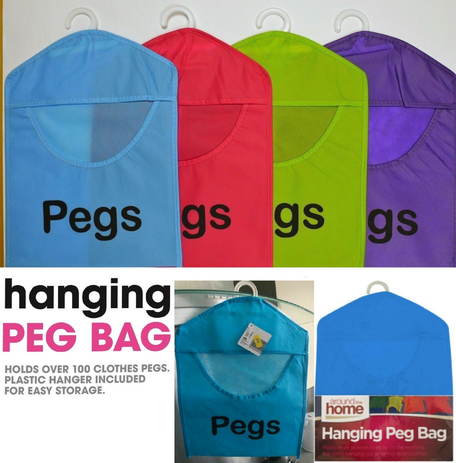 Hanging Fabric Peg Bag Clothes Line Laundry Washing Basket Storage Pouch Hanger