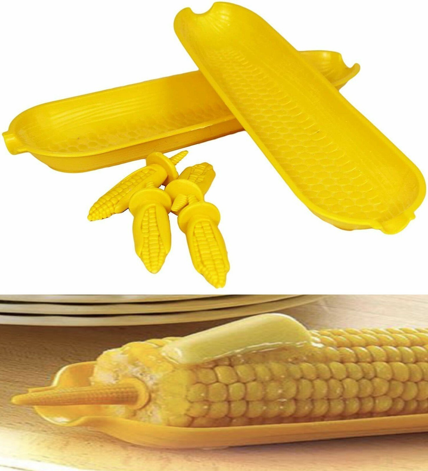 6 Piece Set Corn on the Cob Dishes Server Set - 2 Trays With 4 Skewers Holder