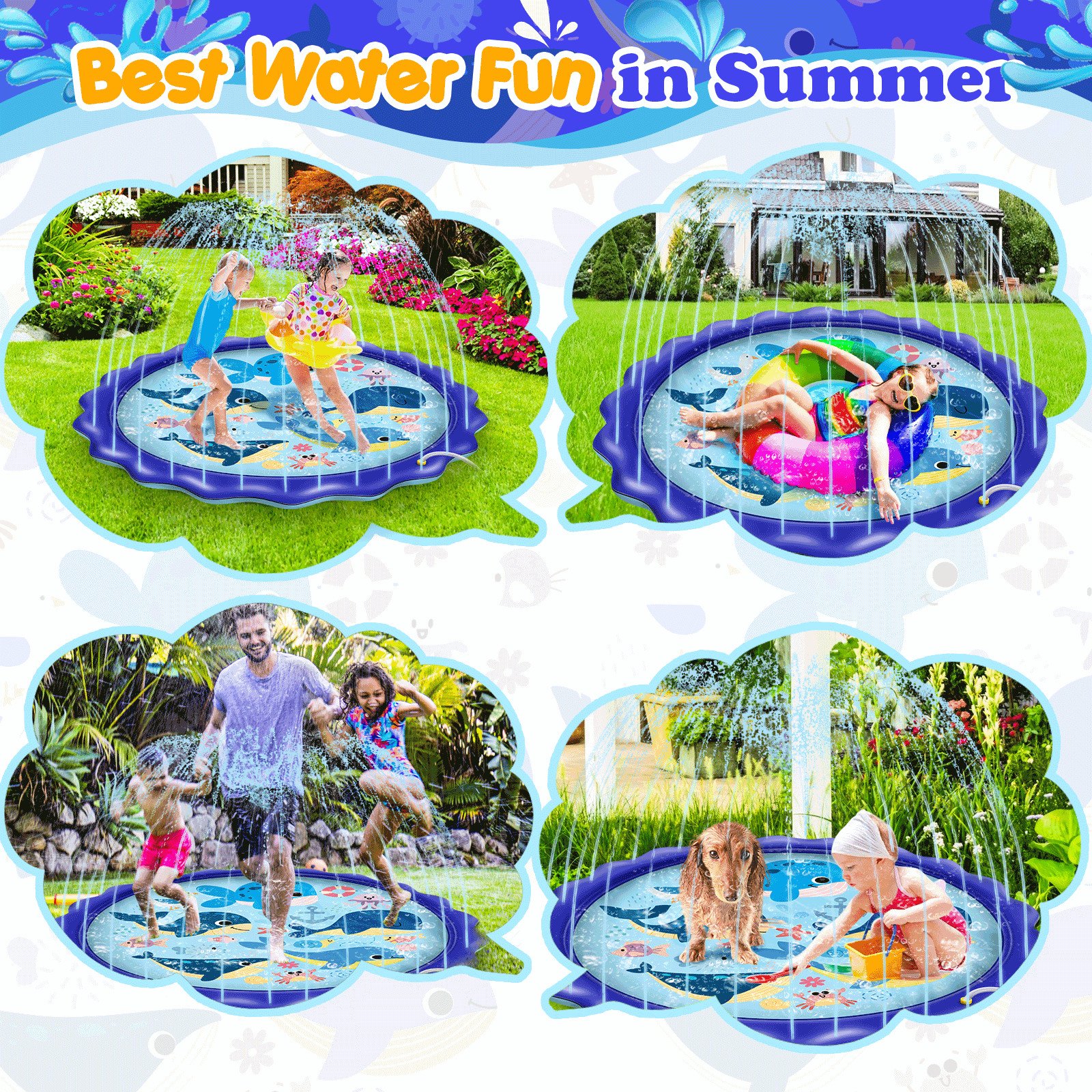 Large 170cm Sprinkler splash mat Summer Outdoor Water Pool Toys for kids & dogs