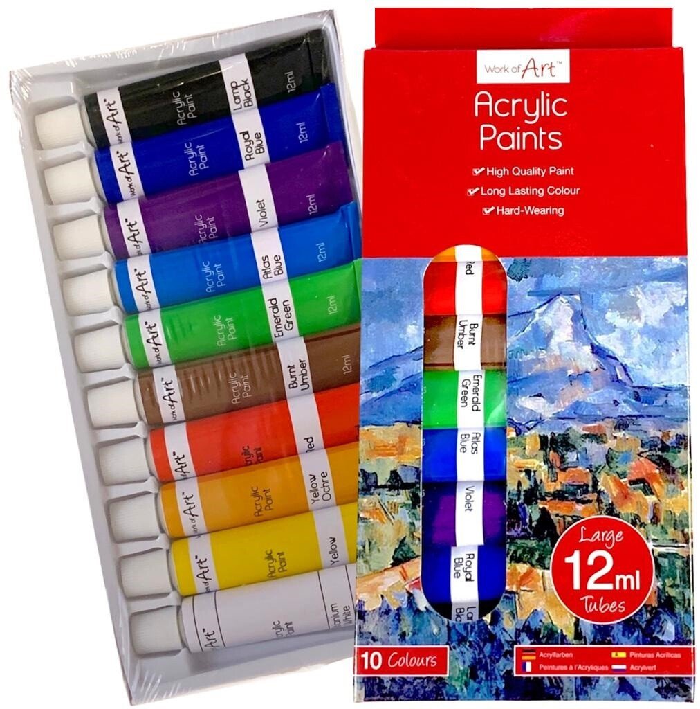 12 ML LARGER Tubes Acrylic Artists Paints Set -10 COLOURS-Larger Tubes Art Craft
