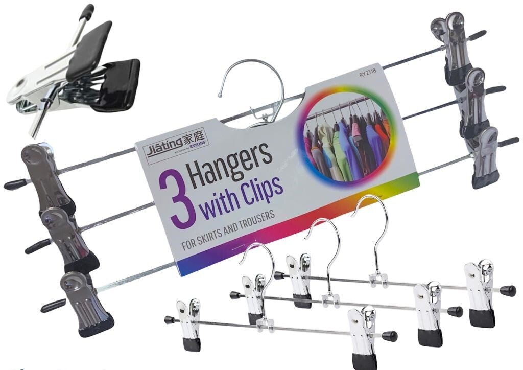 Metal Clip Coat Hangers Clothes Closet Pant Trouser Skirt Non-slip Racks 3 Pack