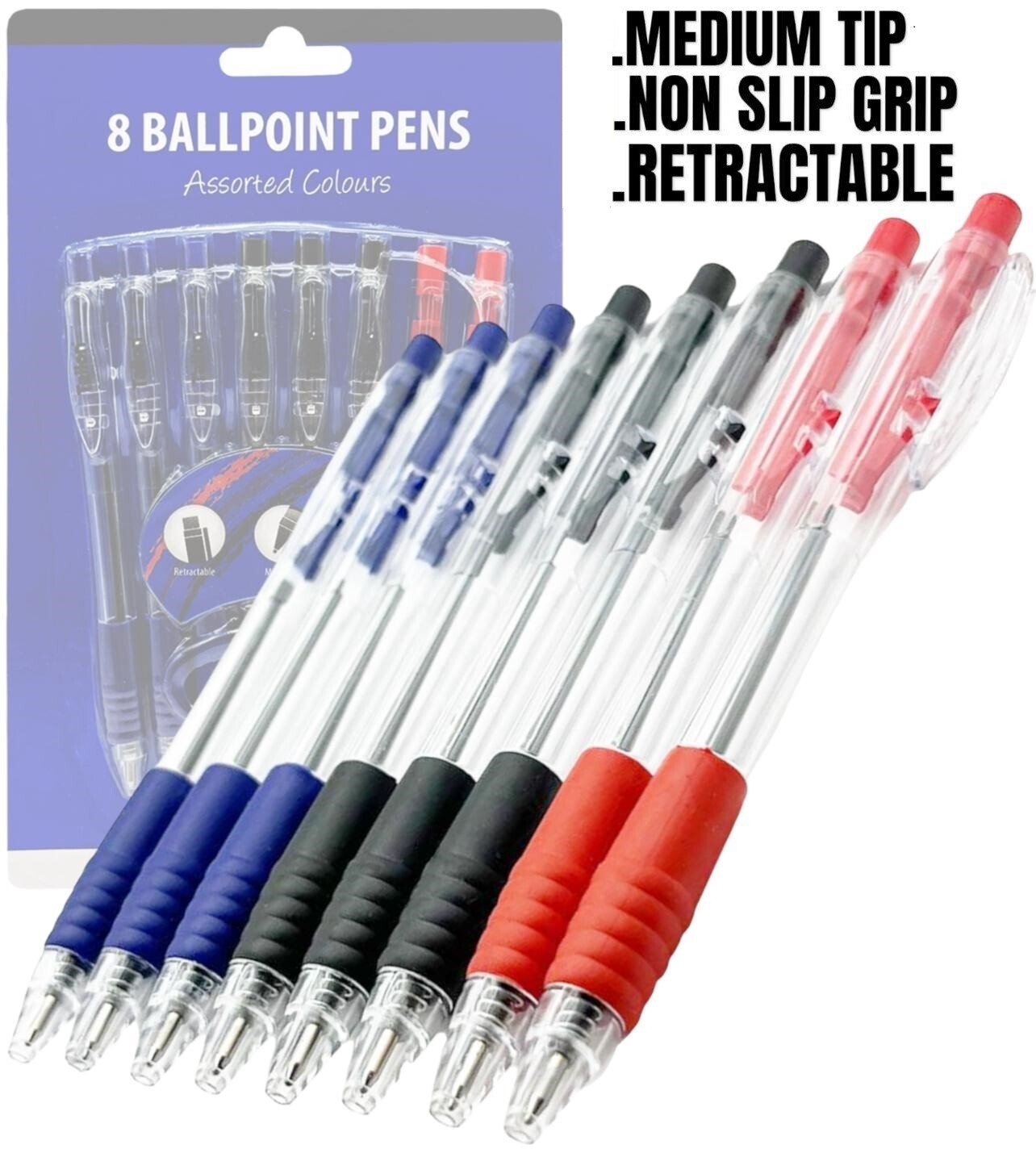 8 Ballpoint Pens Set High Quality Soft Non-Slip Grip Medium Ball Point Pen Biros