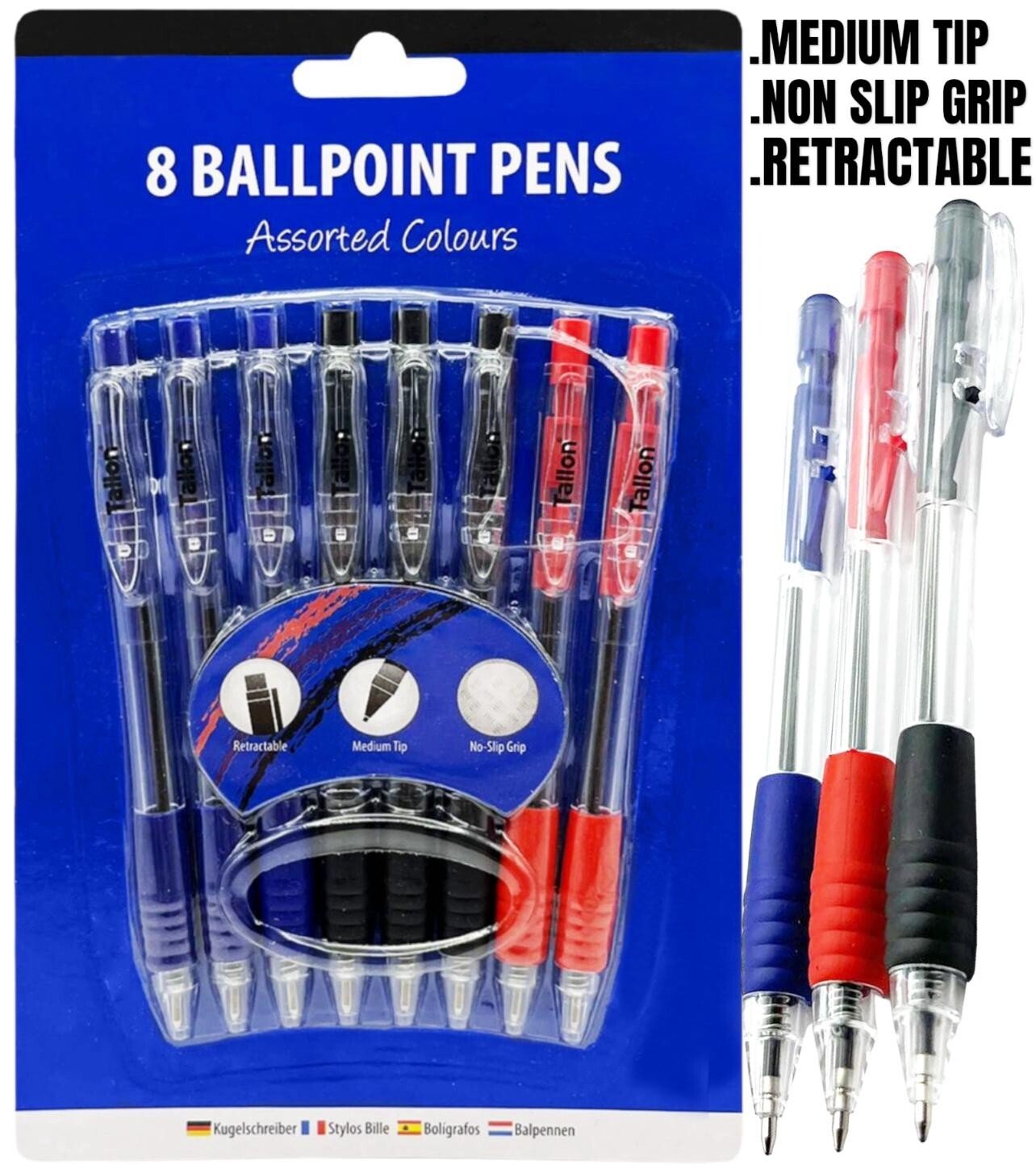 8 Ballpoint Pens Set High Quality Soft Non-Slip Grip Medium Ball Point Pen Biros