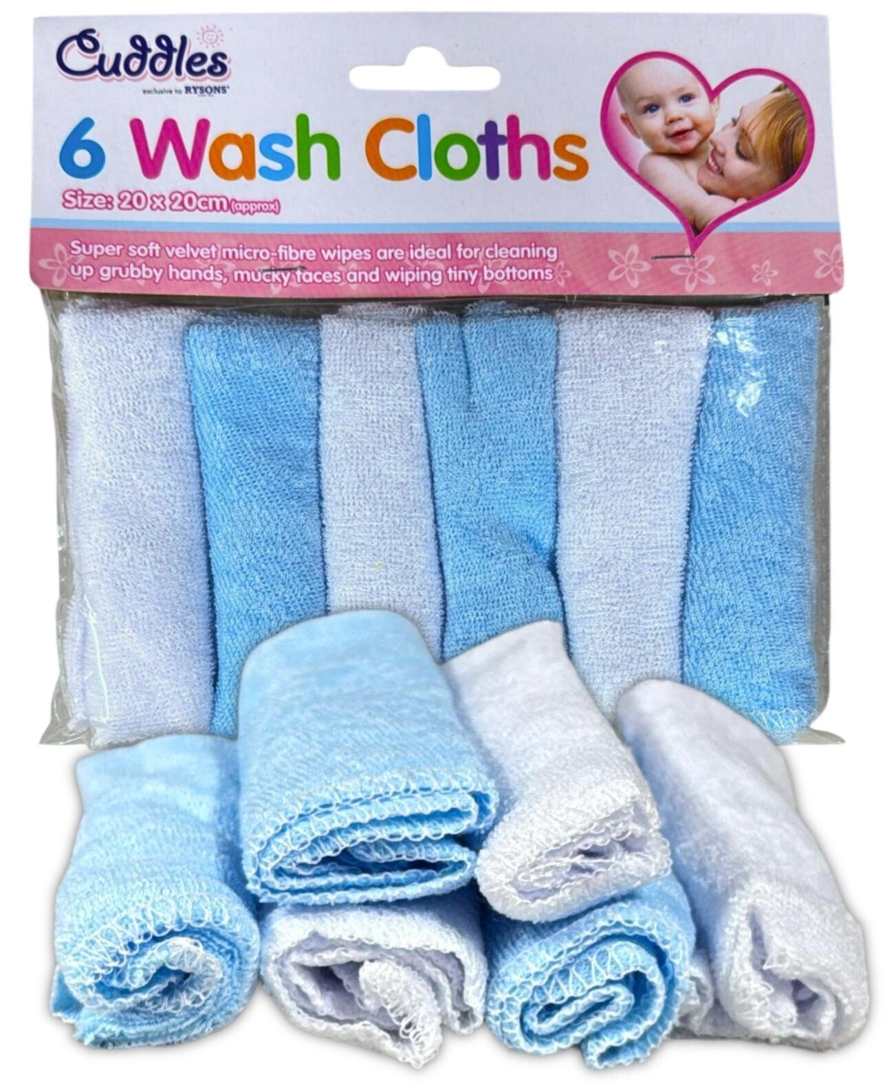 Pack Of 6 BLUE Soft Baby Face Wash Cloths Towel Flannel Machine Wash 0 Months +