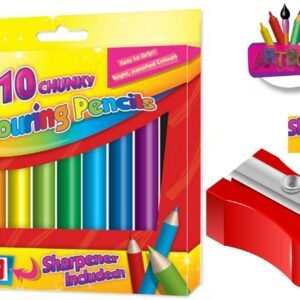 10 x Kid’s Chunky Colouring Pencils School Art & Craft Bright Colour & Sharpener