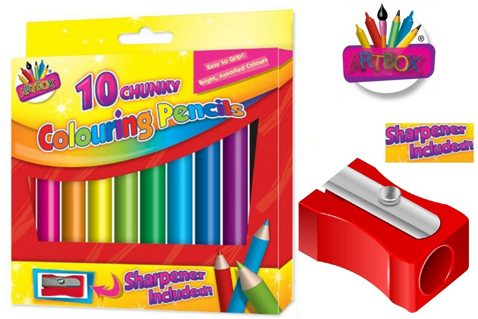 10 x Kid's Chunky Colouring Pencils School Art & Craft Bright Colour & Sharpener