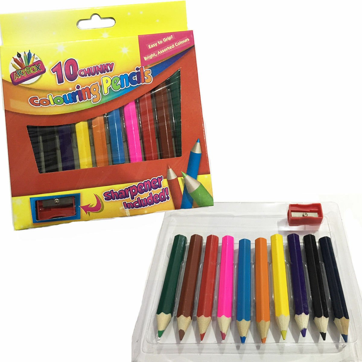 10 x Kid's Chunky Colouring Pencils School Art & Craft Bright Colour & Sharpener