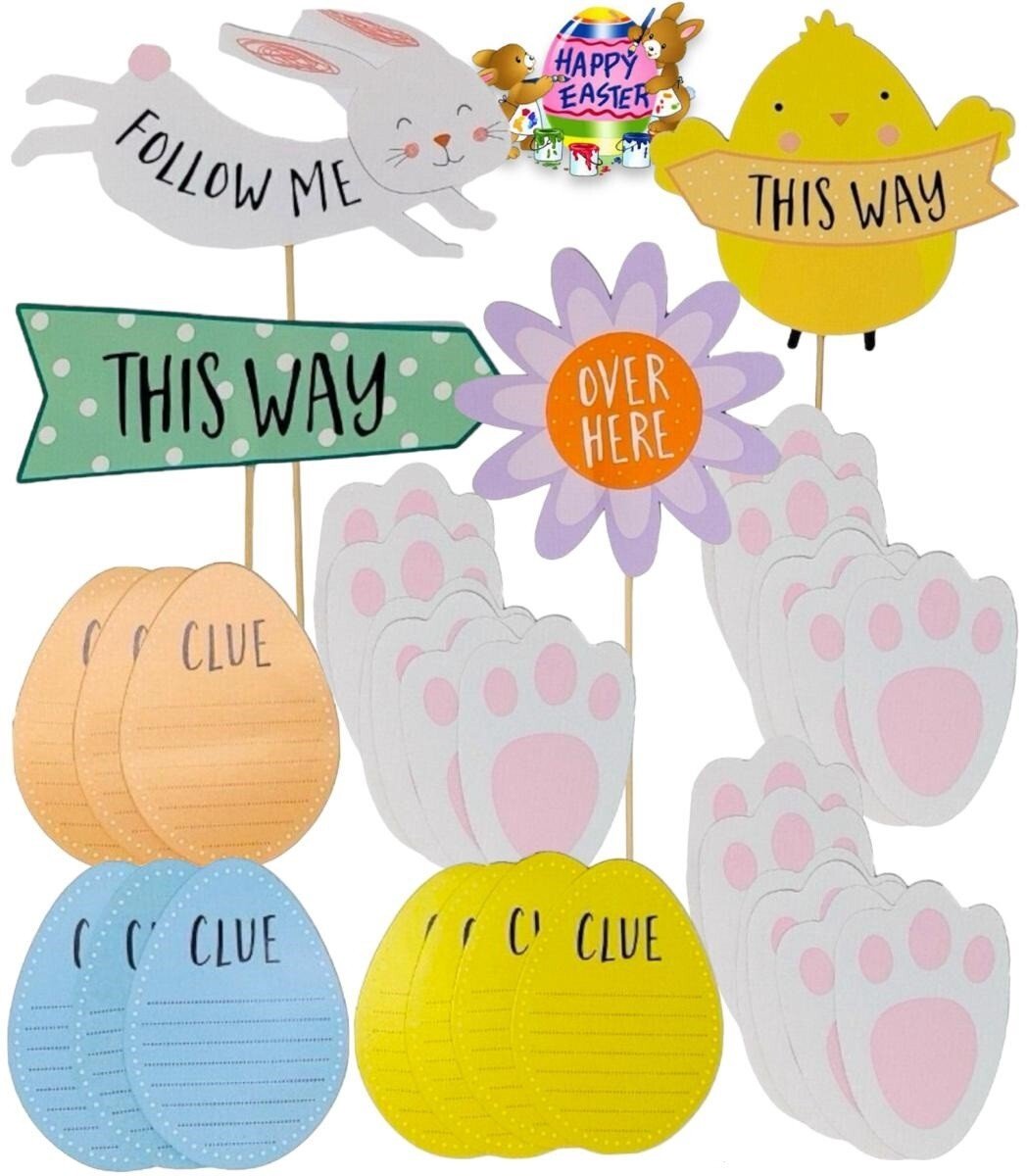 Easter Egg Hunt Kit 5 Signs, 20 Bunny Feet & 10 Clue Eggs Decorations Kids Fun