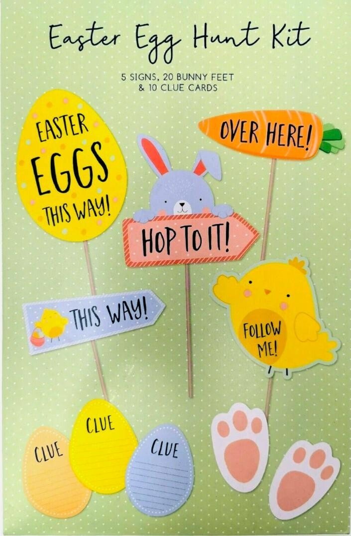 Easter Egg Hunt Kit 5 Signs, 20 Bunny Feet & 10 Clue Eggs Decorations Kids Fun