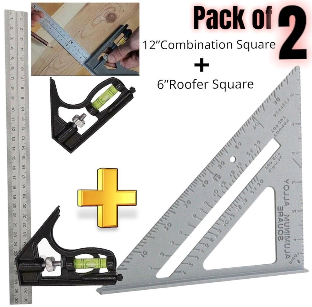 2Pc Metal Roofing Square Set Combination Square 12" + Aluminum Roofers Square 6"