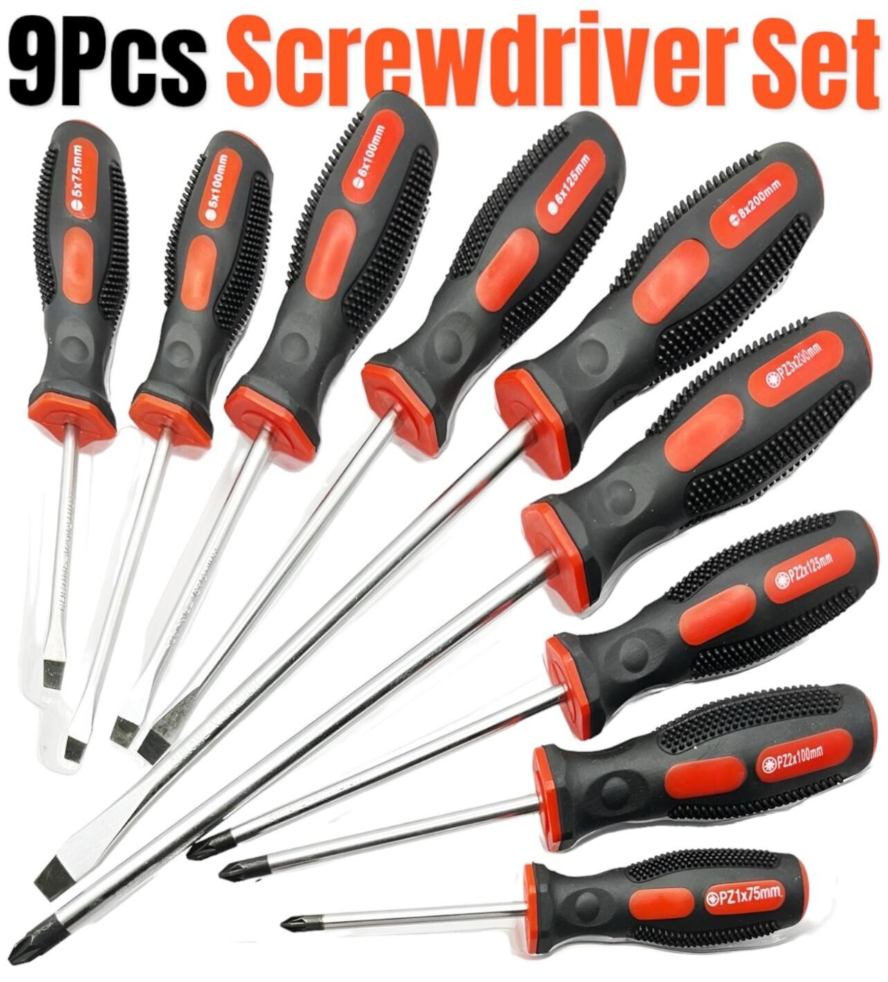9PC Screwdriver Magnetic Set Heavy Duty Comfort Grip Philips Flat Slotted Tool.