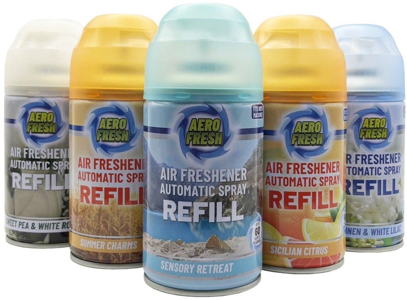 5 PACK, AERO FRESH AUTOMATIC SPRAY REFILLS 250ML AIR FRESHNER SELECT SCENTS