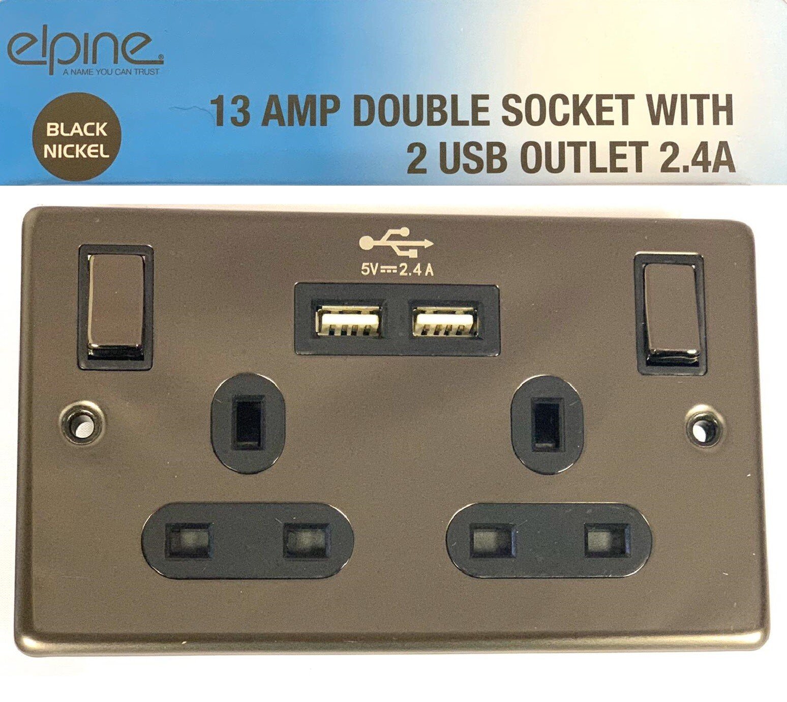 Double Wall Plug Socket 2 Gang 13A with 2 USB Ports W/2 Screws Slim Flat Plate