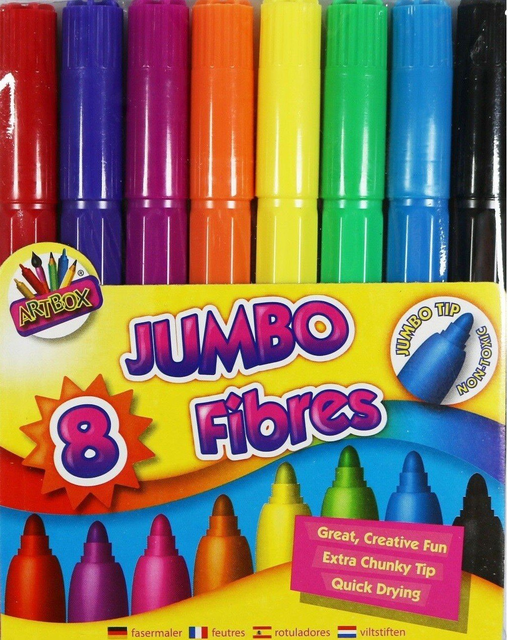 8 PACK OF JUMBO MIXED COLOUR FIBRE FELT TIP PENS SET - IDEAL FOR KIDS / CHILDREN