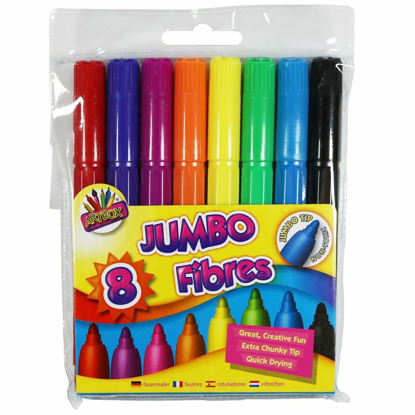 8 PACK OF JUMBO MIXED COLOUR FIBRE FELT TIP PENS SET - IDEAL FOR KIDS / CHILDREN