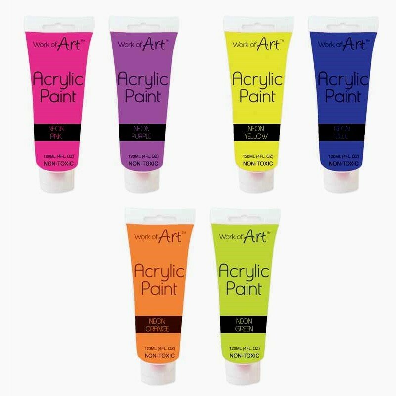 6 x Tubes Of Mixed Neon Acrylic Paint Assorted Colours Artist Paints Craft 120ml
