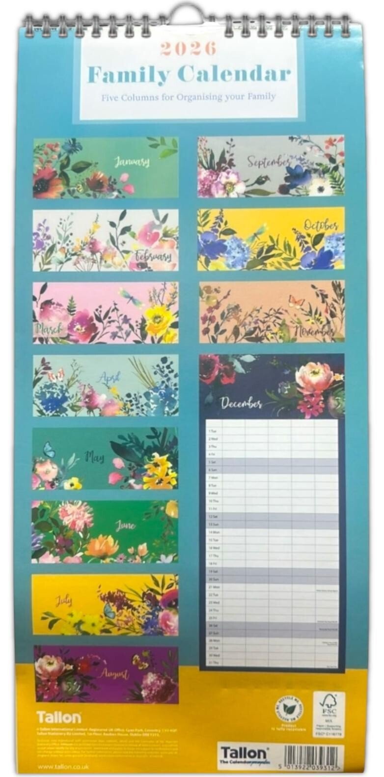 2026 Large Month To view Spiral Wall Calendar 5 Columns Family Organiser Planner