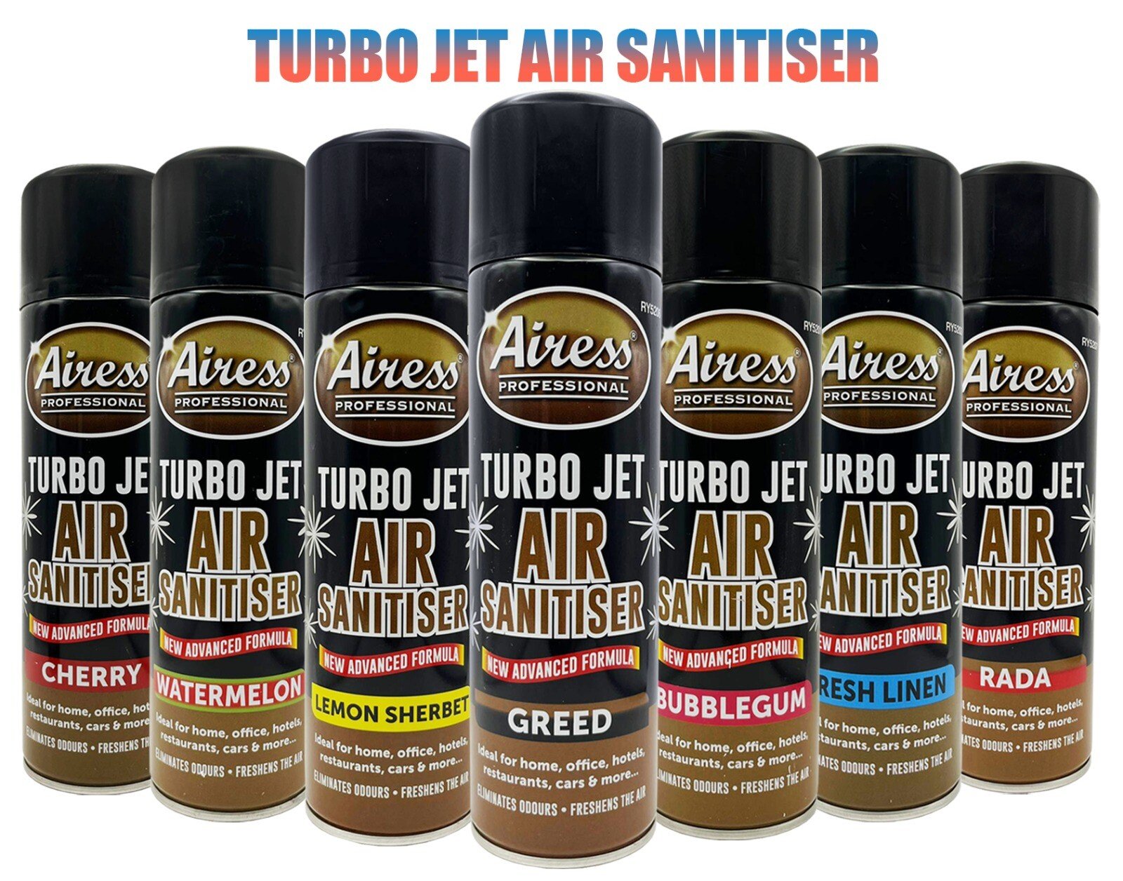 AIRESS TURBOJET AIR SANITISER FRESHENER SPRAY MIX RADA GREED SAVAGE- PACK OF 5