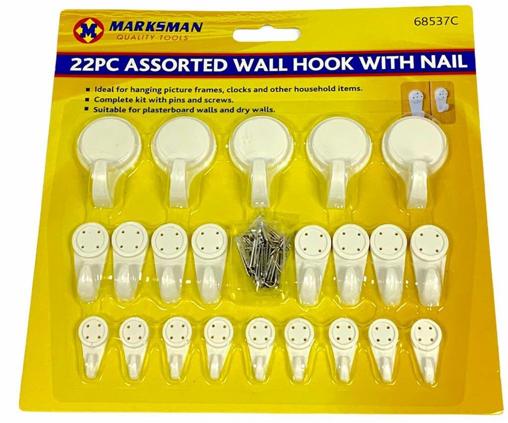22 Pc White Plastic Wall Hooks Nails And Screws Assorted Sizes Picture Hanging