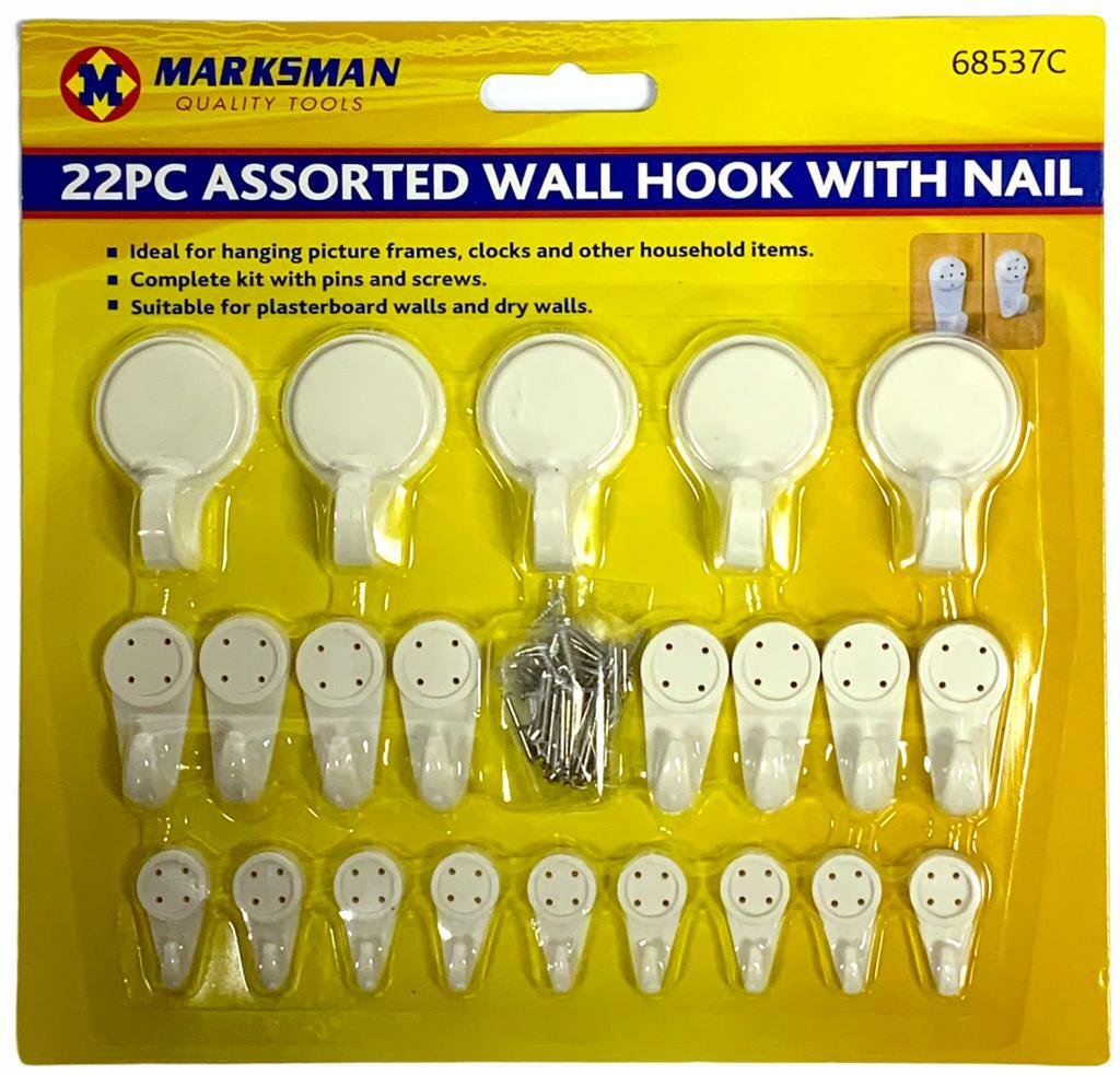 22 Pc White Plastic Wall Hooks Nails And Screws Assorted Sizes Picture Hanging