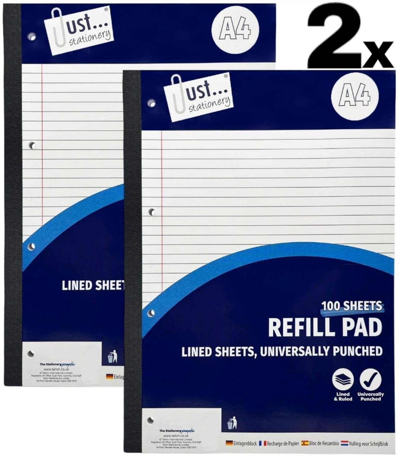 2x 100 Pages Refill Pad A4 High Quality Lined Paper Wide Ruled Margin Notes Book