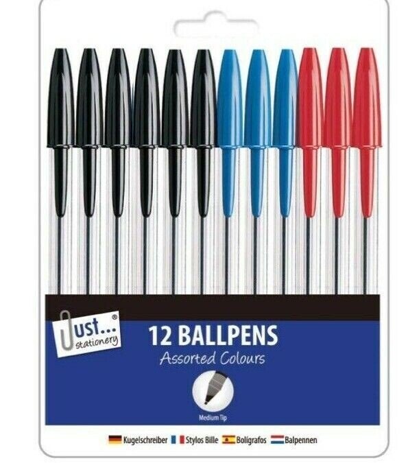 24 Ballpoint Pens Set | High Quality Medium Ball Point Pen Biros Black Blue Red