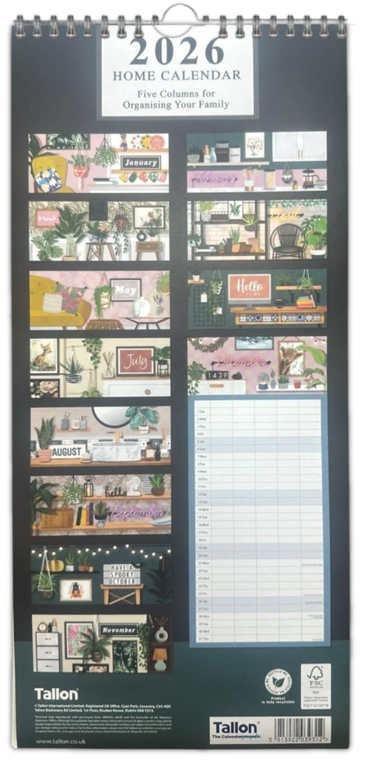 2026 Family Organiser 5 Columns Premium Wall Calendar Planner Month to View
