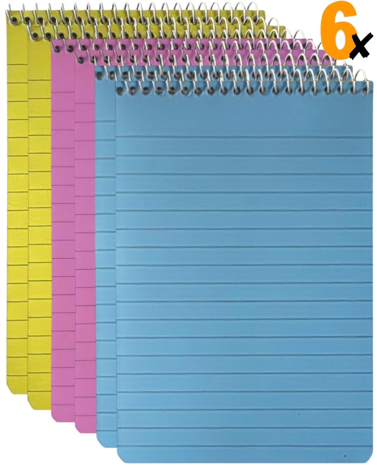 6 Neon NOTE PADS Neon Spiral Bound Ruled Lined 100x150mm Plastic Cover Notebooks