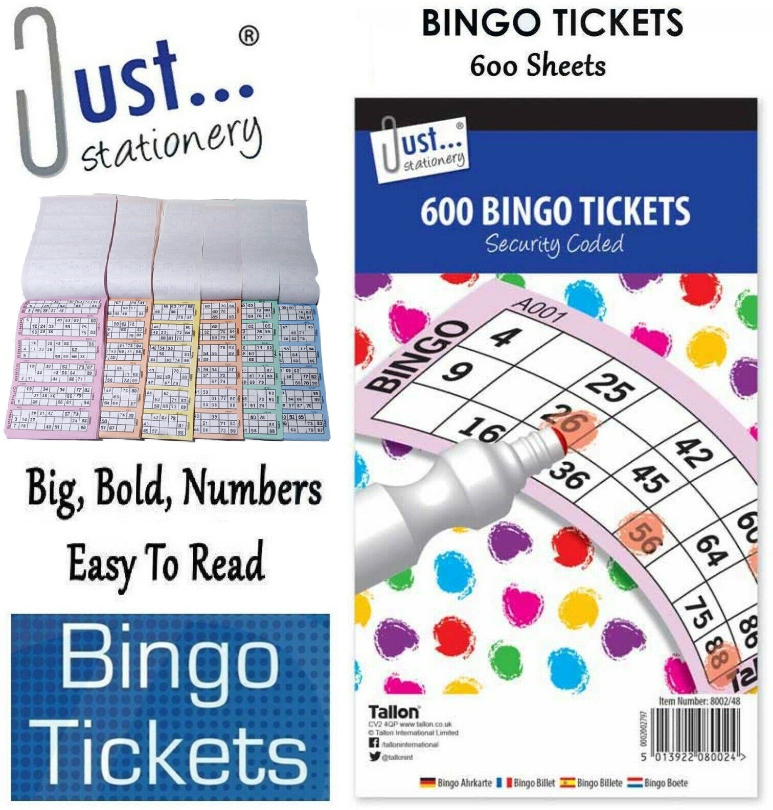 Jumbo Bingo Book Pad of 600 Tickets 6 To View All Colours Security Coded - New
