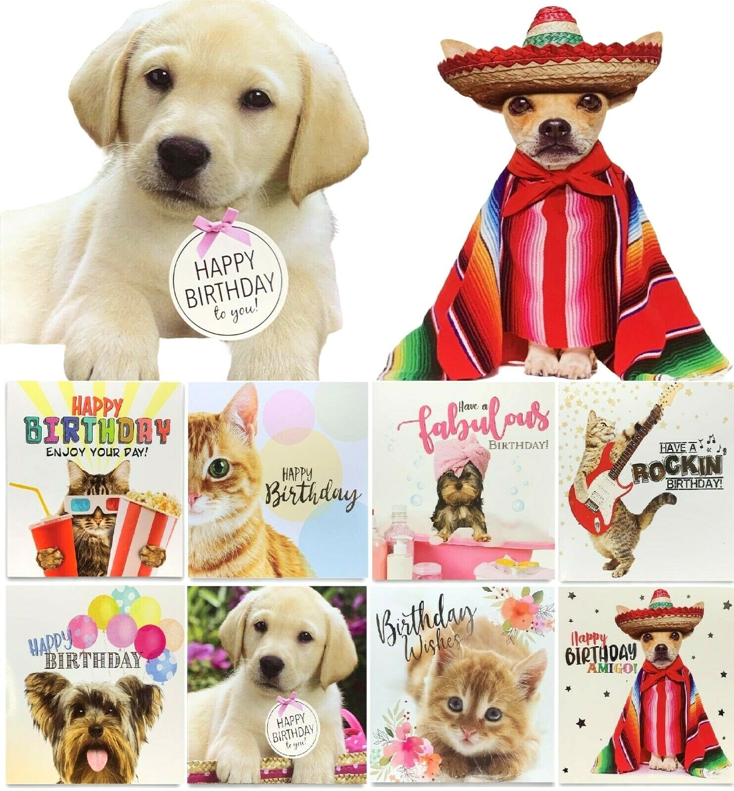 Pack of 8 Mixed Assorted Happy Birthday Pet Cards Greeting Card Cats & Dogs