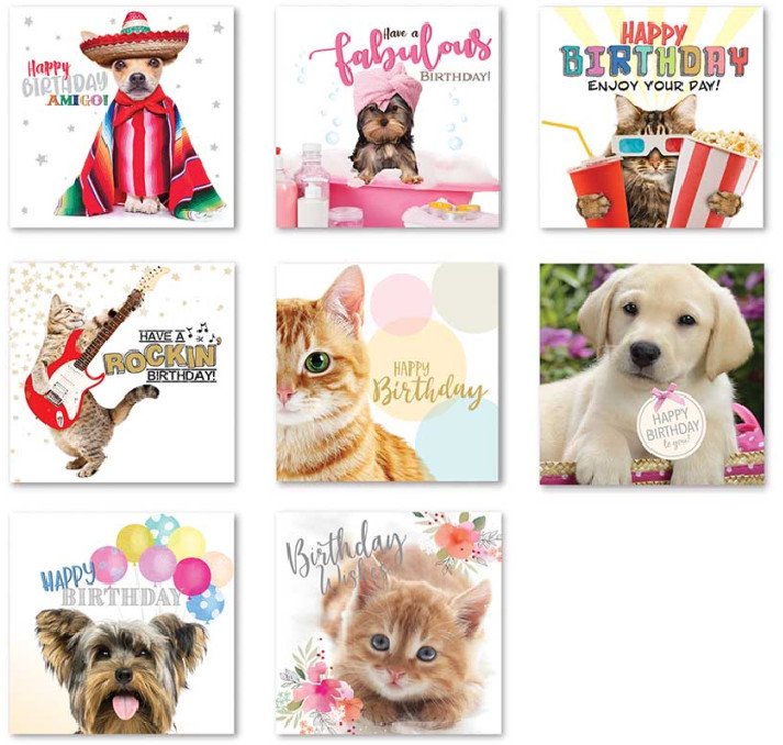 Pack of 8 Mixed Assorted Happy Birthday Pet Cards Greeting Card Cats & Dogs