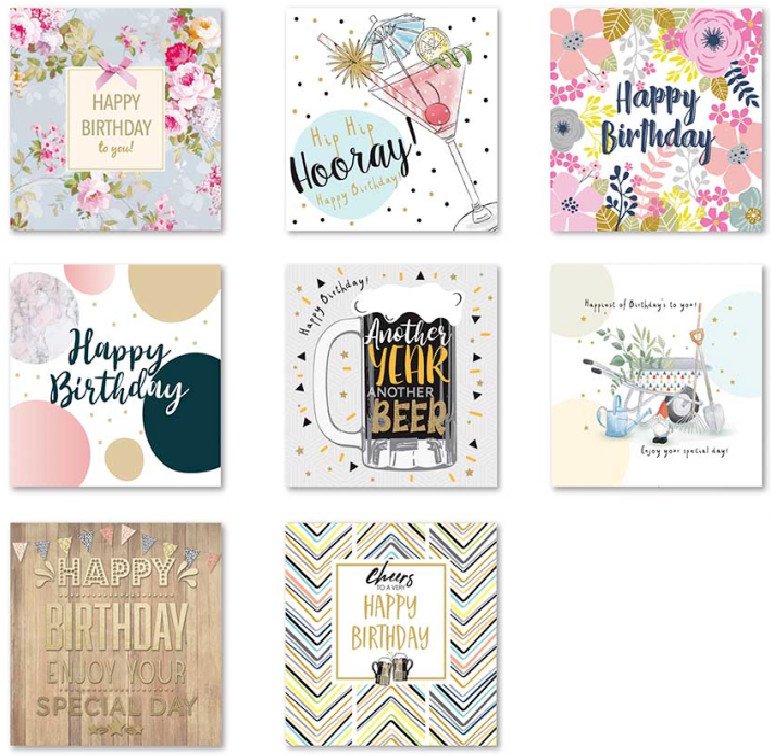 Multi Pack x 8 Mixed Assorted Happy Birthday Cards Adult Dad Mum Greeting Card