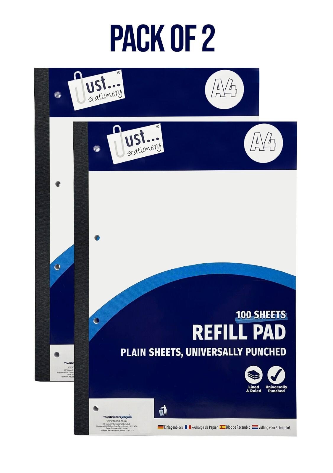 2x A4 Plain Refill Pad 100 Page Notepad Memo Writing Ruled Student Office School