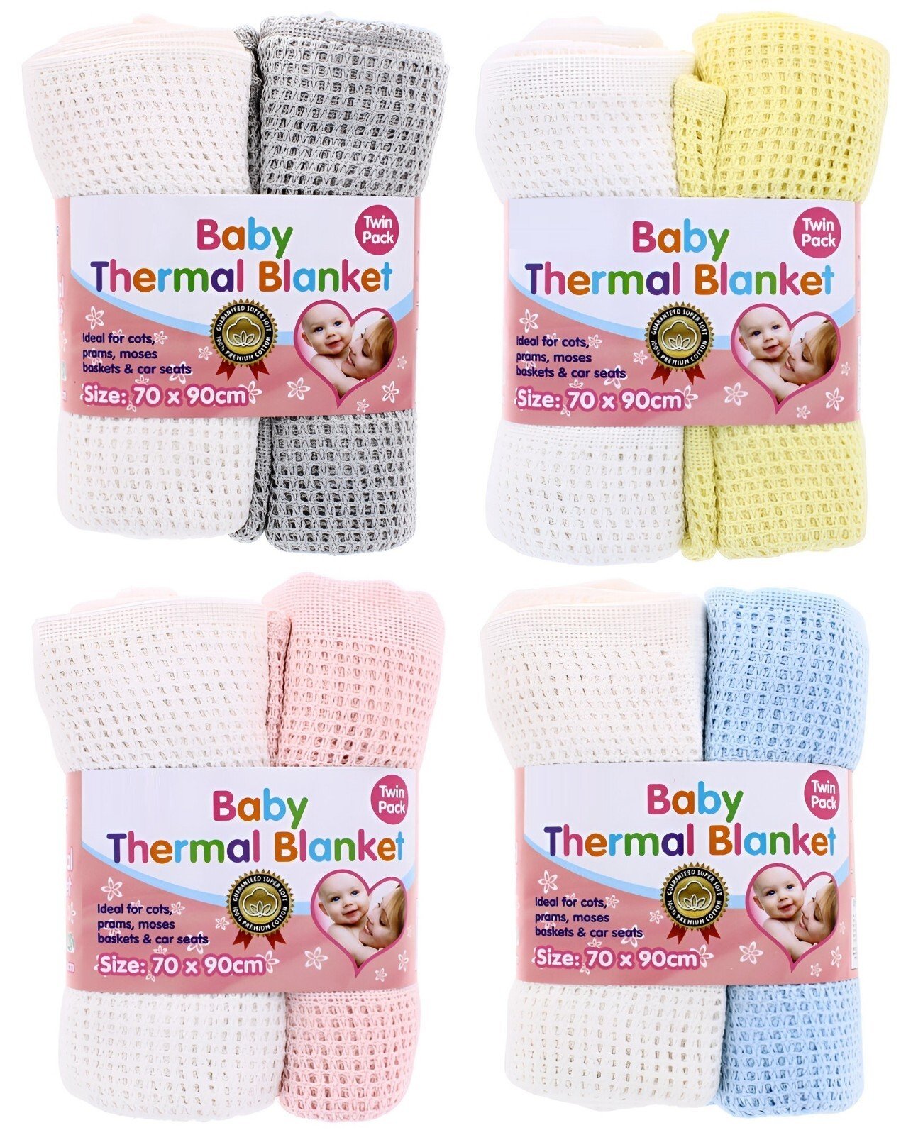 2 x 100% Cotton Baby Cellular Blanket Crib Pram Cot Bed 70x90cm - Economy Pack