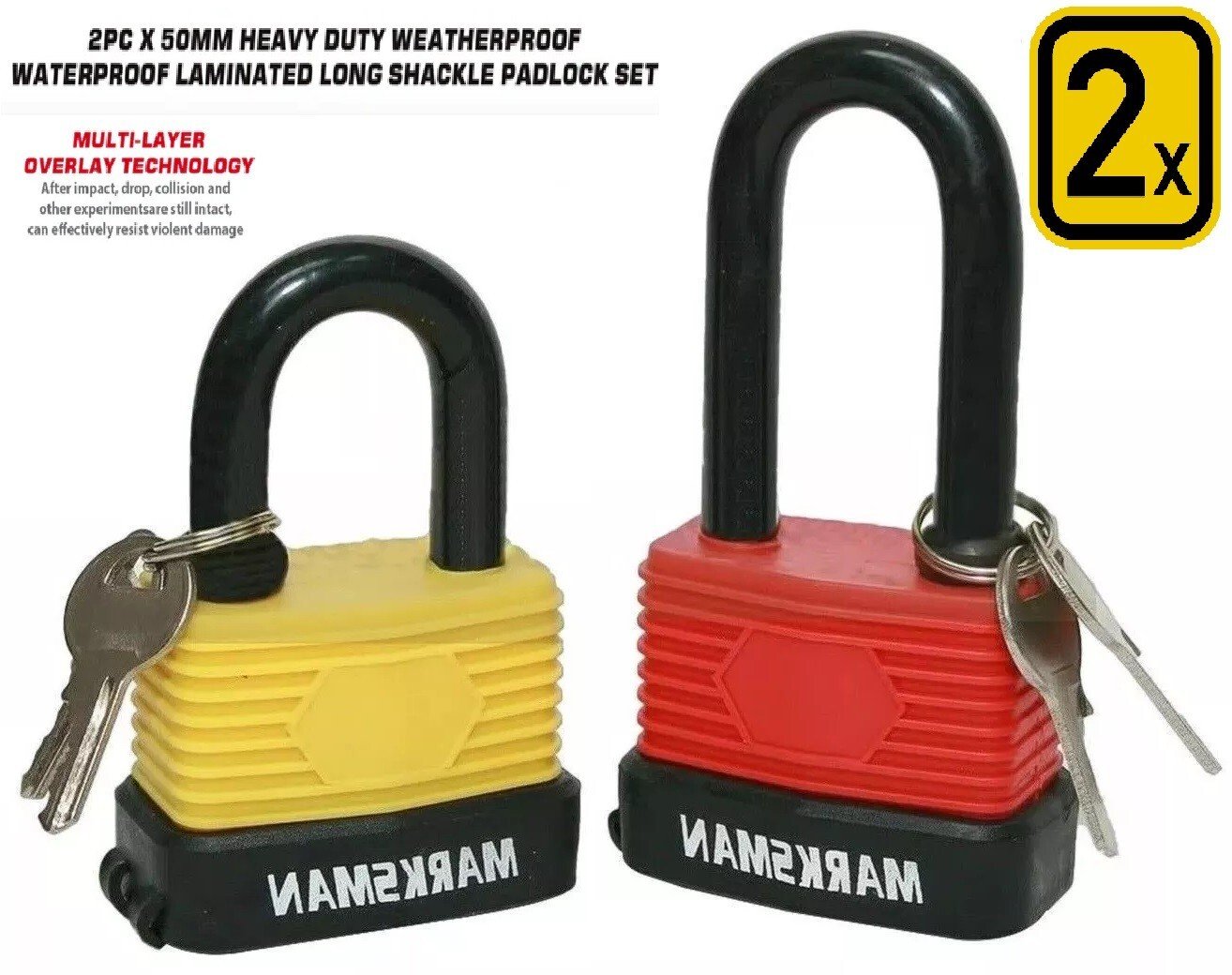 2Pc Heavy Duty Padlock Long Shackle 50mm Waterproof 3 keys Security Outdoor Shed