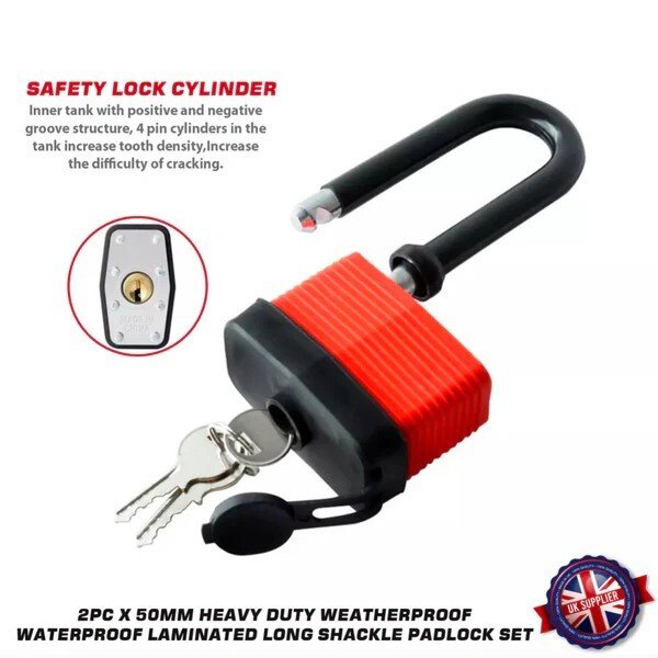 2Pc Heavy Duty Padlock Long Shackle 50mm Waterproof 3 keys Security Outdoor Shed