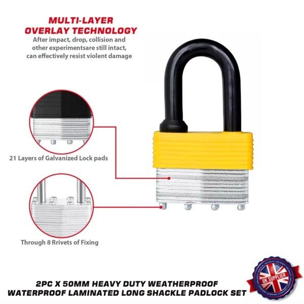 2Pc Heavy Duty Padlock Long Shackle 50mm Waterproof 3 keys Security Outdoor Shed