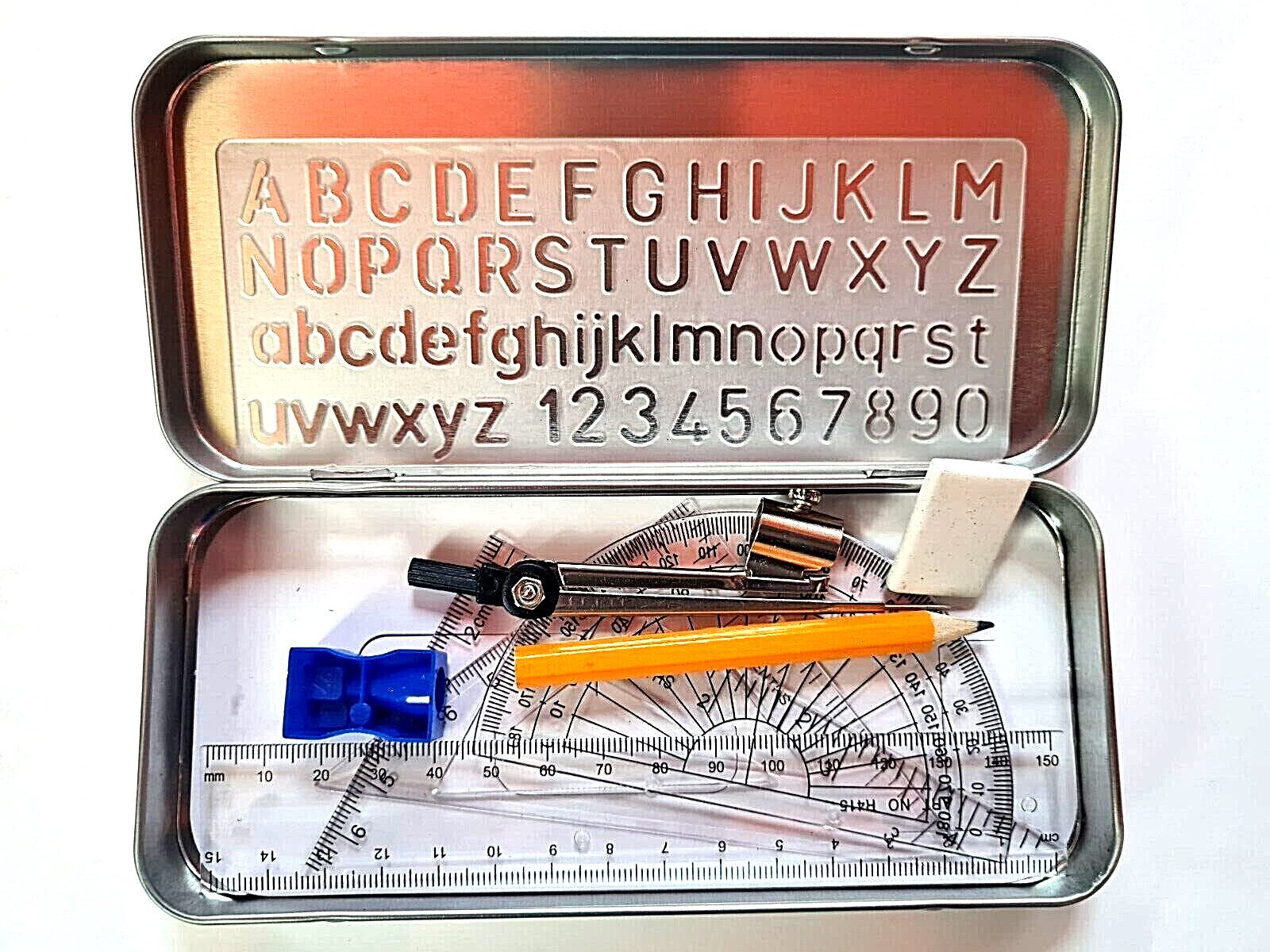 10 Piece Maths Set Geometry Compass Ruler Protector School College in Tin Case