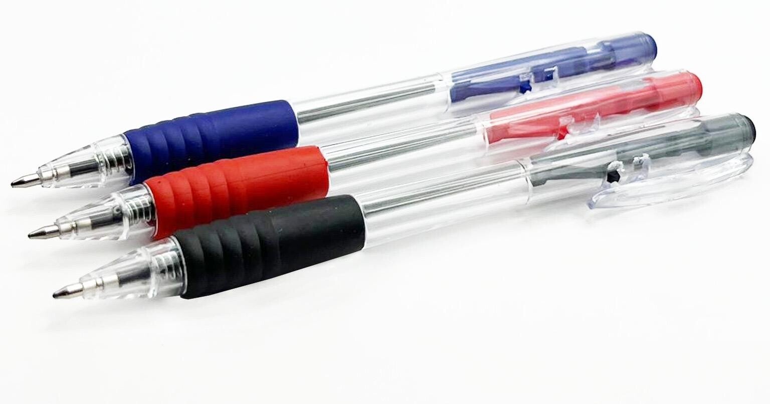 8x Retractable Ballpoint Pen Soft Rubber Grip Pens Black Blue Red Office School