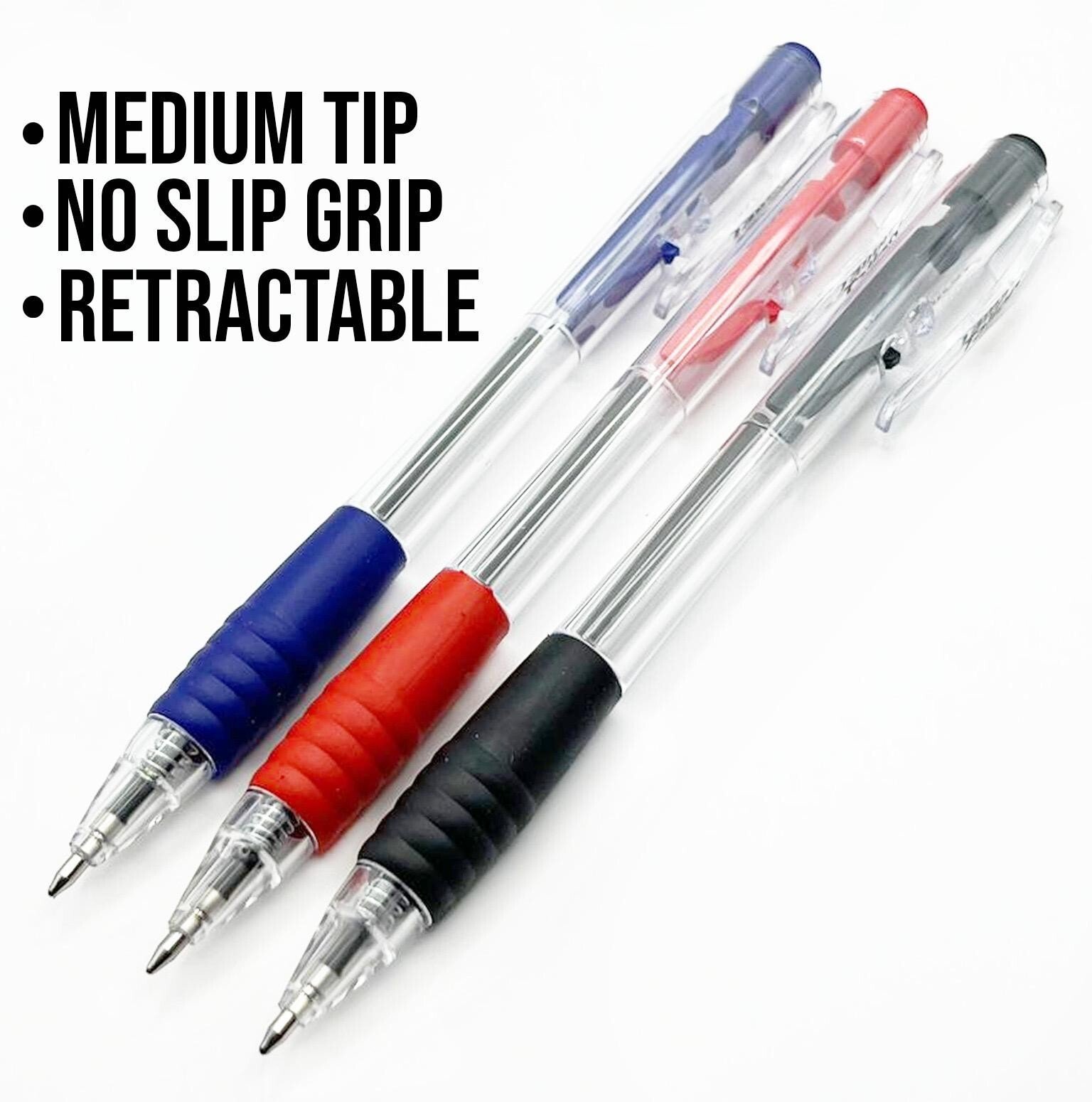 8x Retractable Ballpoint Pen Soft Rubber Grip Pens Black Blue Red Office School