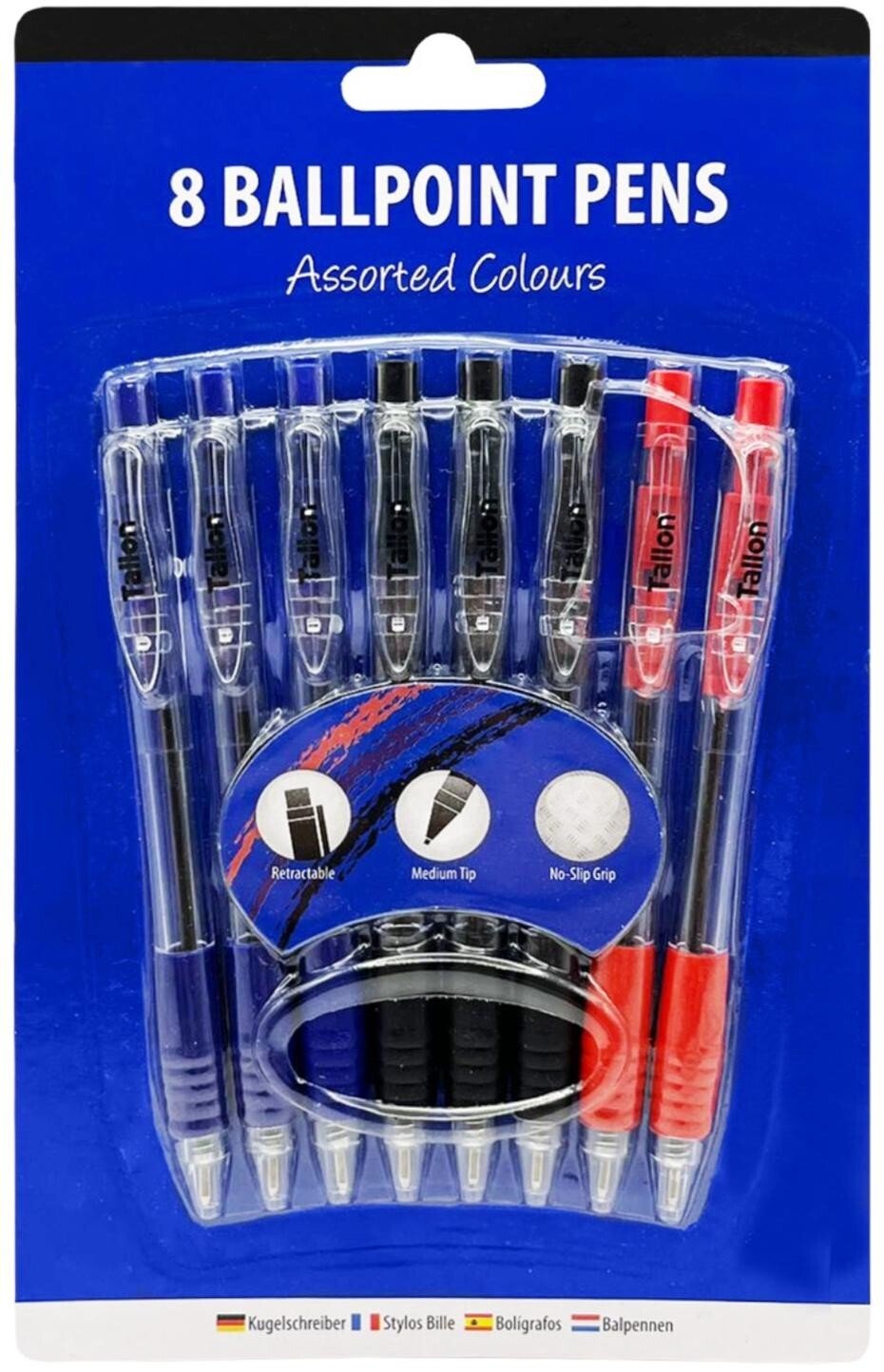 8x Retractable Ballpoint Pen Soft Rubber Grip Pens Black Blue Red Office School
